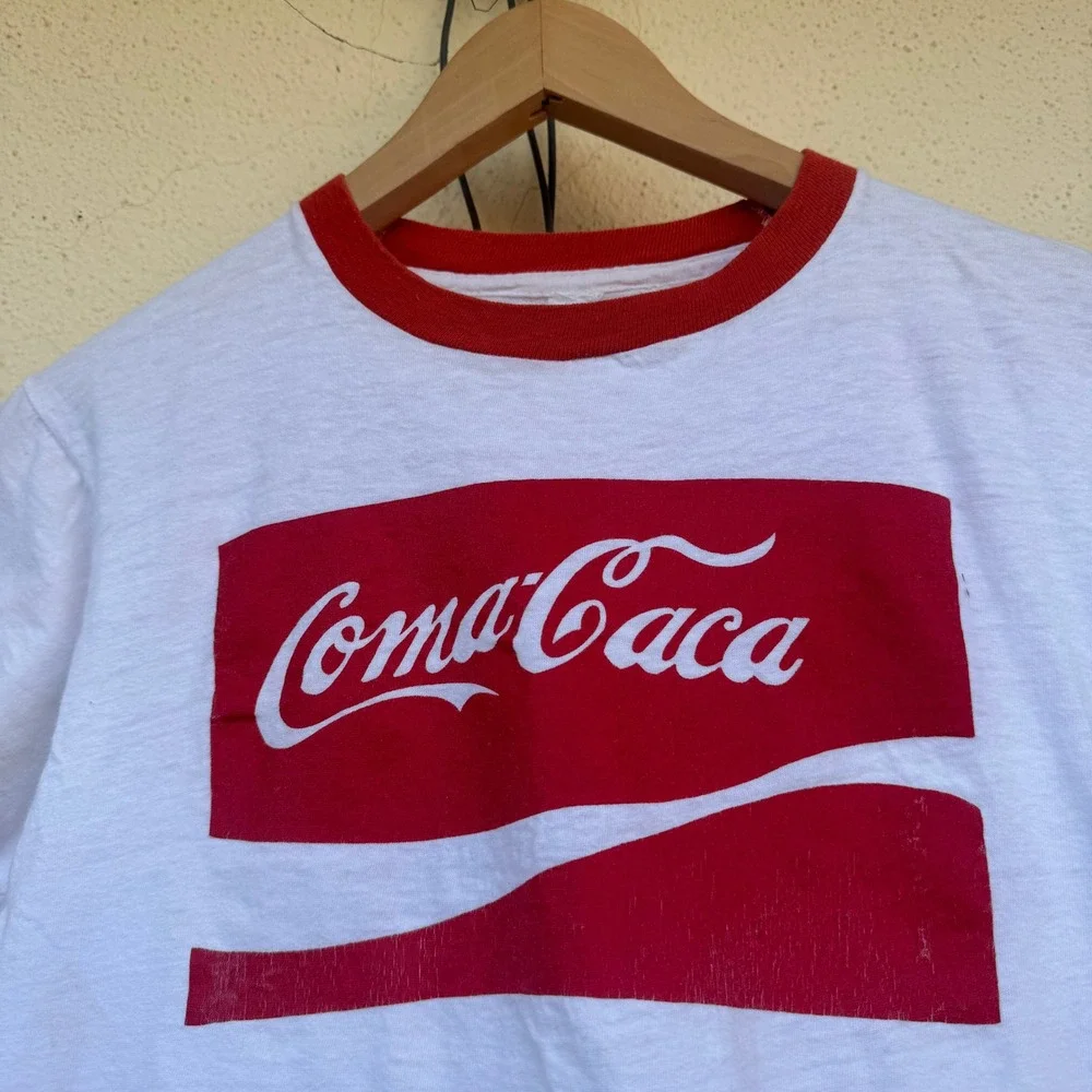 Vintage 60s Coma Caca Coca Cola Parody Ringer T-Shirt Graphic Tee Mens Medium